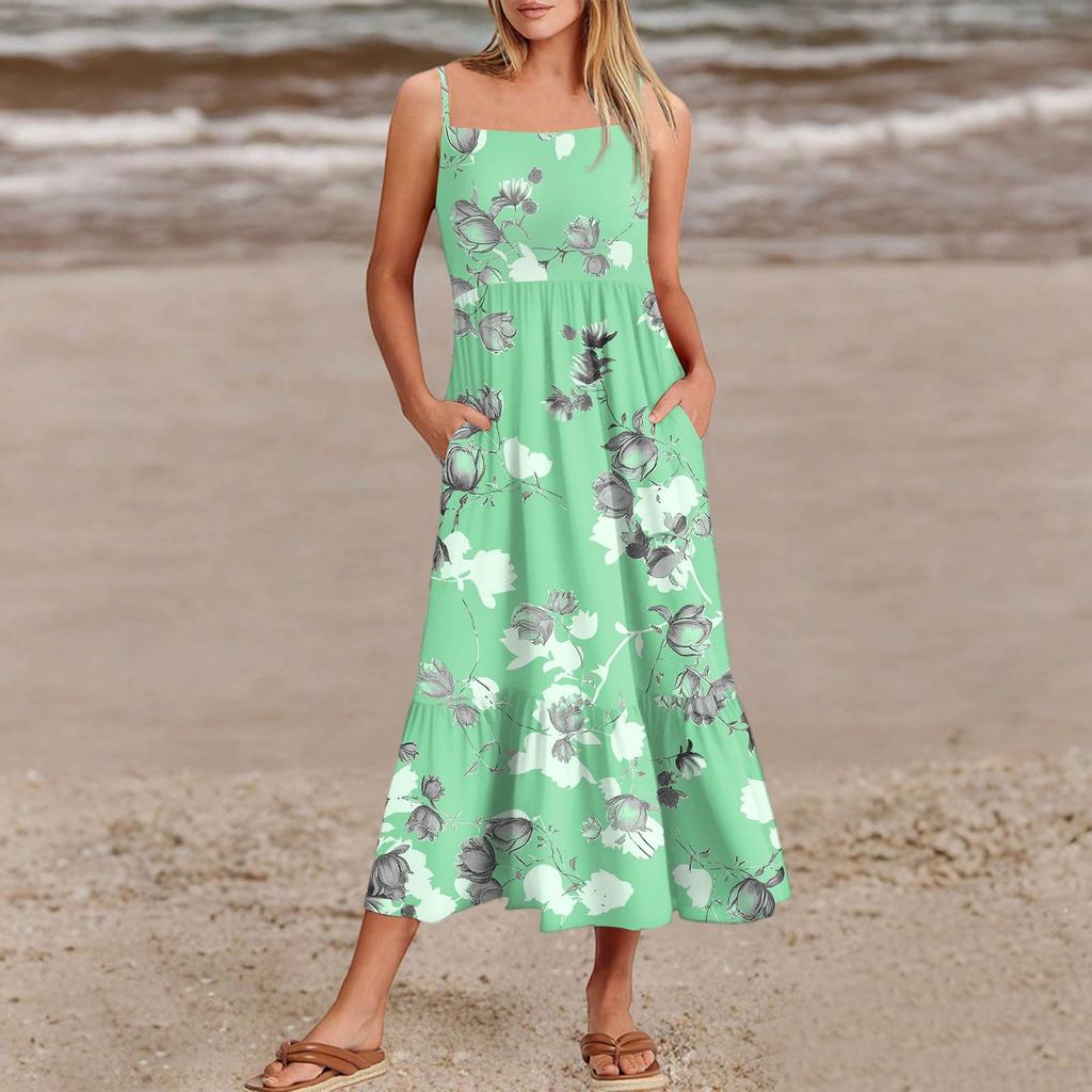 Women's Summer Spaghetti Strap Patchwork Beach Vacation Floral With Pocket Dresses