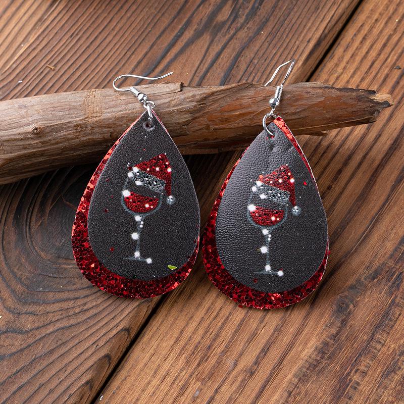 Christmas Double-Layer Wine Glass Leather Earrings In Stock