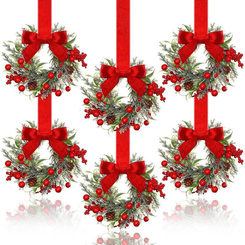 Mini Christmas Wreath with Red Berries, Small Hanging Decor for Front Door Cabinet, Home Office Wedding Party Decoration