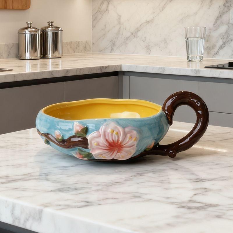 Japanese High-Temperature Ceramic Relief Peach Blossom Bowl, Handled Fruit, Salad & Snack Dish