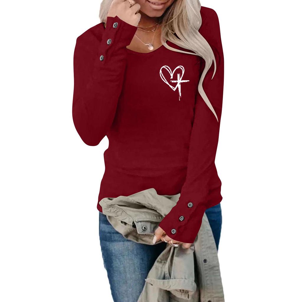 T-shirts For Women Long Sleeve,Round Sleeve Vertical Cross Casual Graphic Shirt
