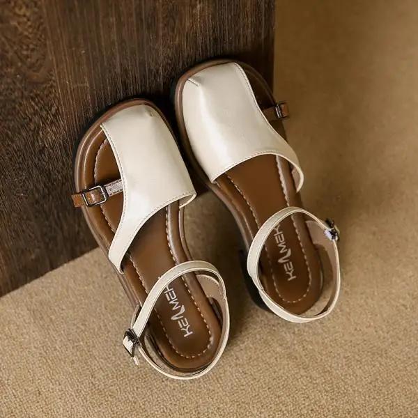 

Beige Heeled Sandals Buckle Strap Comfort Shoes for Women 2025 Summer Black Flat Clear Low Fashion New Closed Girls Fretwork Cas 35 бежевый