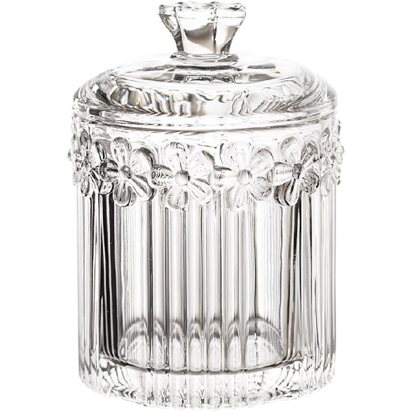 Floral Crystal Glass Relief Flower Candy Dish Swab Box Storage Jar with Lid, 5x3.5 Inches, 8 Oz, 1 Count
