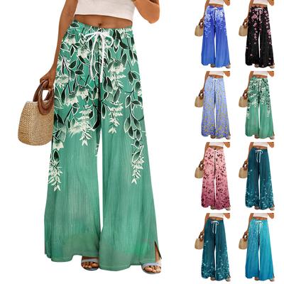 Damen Sommer Boho Palazzo Hose Hohe Taille Weites Bein Blumendruck Freizeithose Mit Taschen