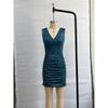 Women Glitter Ruched Bodycon Dress Sleeveless V Neck Party Mini Dress