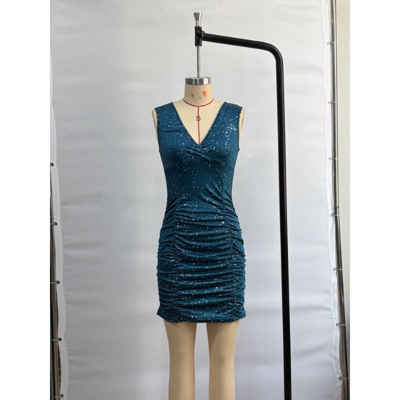 Women Glitter Ruched Bodycon Dress Sleeveless V Neck Party Mini Dress