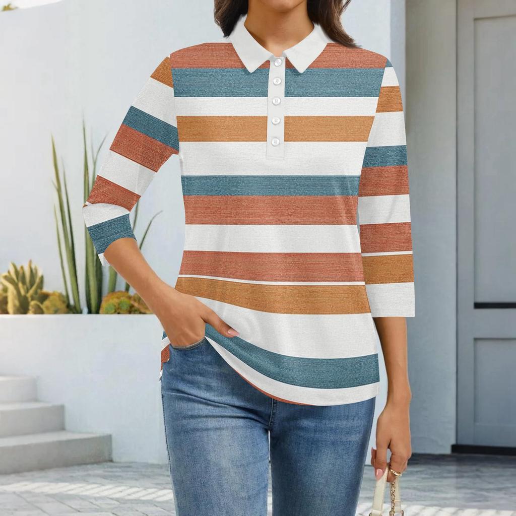 Dámská móda Ležérní klopa Krátký 3/4 rukáv Potisk Košile Dámské zapínací topy