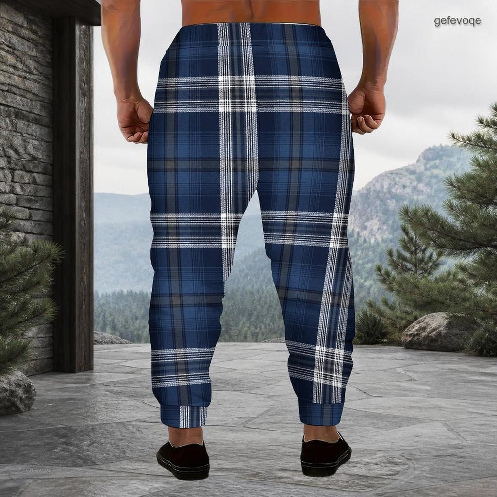 Men s Plus Size Black Grey Plaid Printed Drawstring Waist Cuffed Ankle Jogger Pants