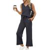 Women's Loose Fit Two Piece Outfit Sleeveless V Neck Tank Top Drawstring Waist Wide Leg Pants Tracksuit