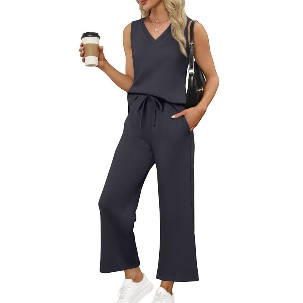 Women's Loose Fit Two Piece Outfit Sleeveless V Neck Tank Top Drawstring Waist Wide Leg Pants Tracksuit