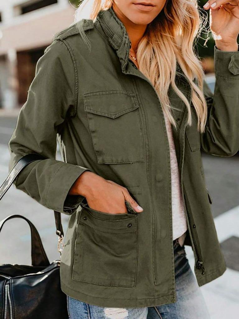 Women's Military Utility Anorak Jacket Zip Up Snap Button Parka Coat with Pockets