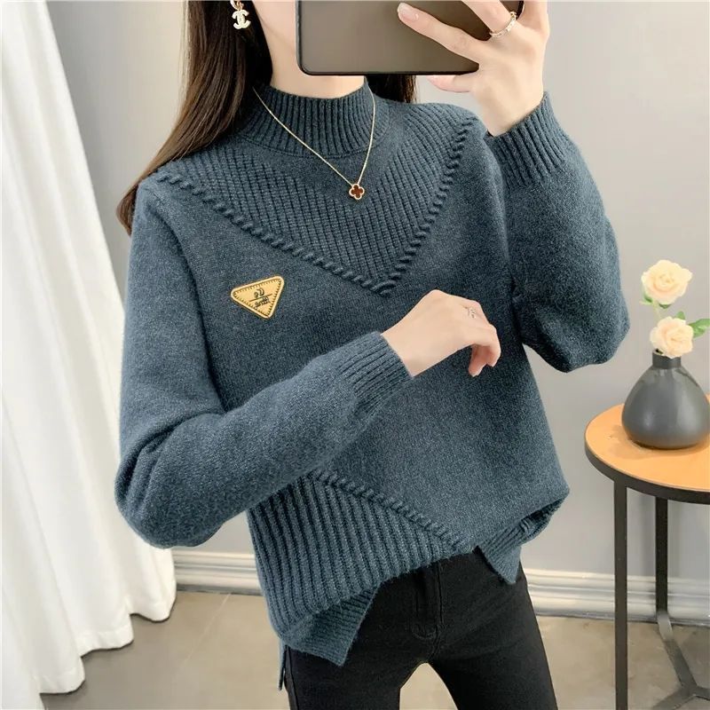 Plus Size Solid Mock Neck Sweater, Casual Long Sleeve Sweater for Fall & Winter, Women's Plus Size Clothing