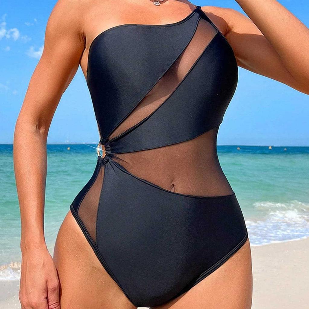 1011 New Solid Color Swimsuit, High-end Sense, Slim and Thin Women's Sexy Mesh Splicing Single Shoulder Strap One-piece Swimsuit