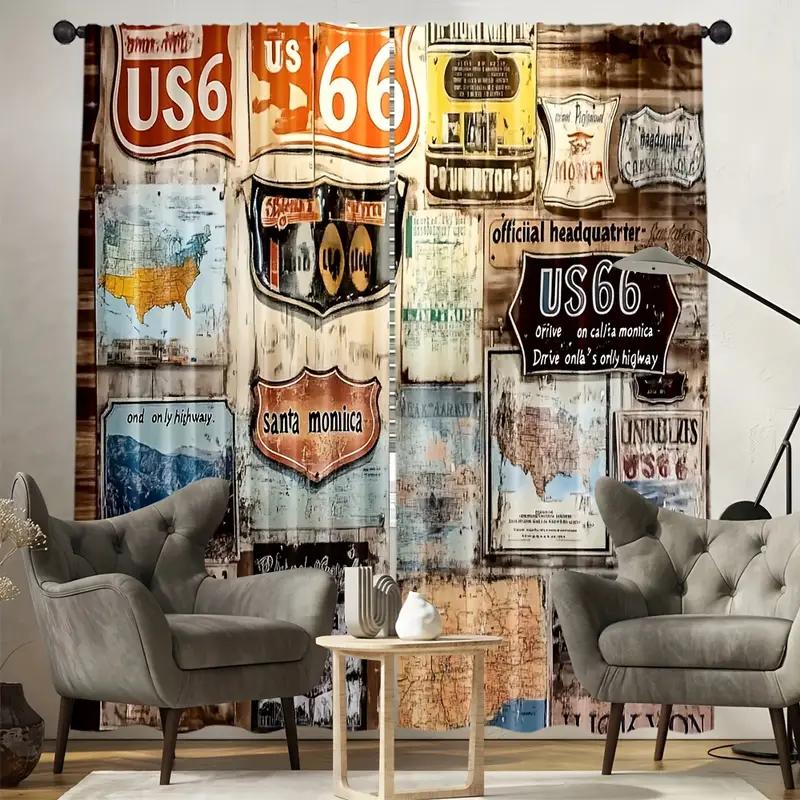 2pcs Retro US Route 66 Sign Printed Curtains, Designed for Light Filtering, Quality Material, Ideal for Vintage Style Home Windo