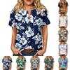 Women's Floral Print Short Sleeve Shirt Henley Button Neck Chest Pocket Casual Linen Cotton Blended Top for Summer