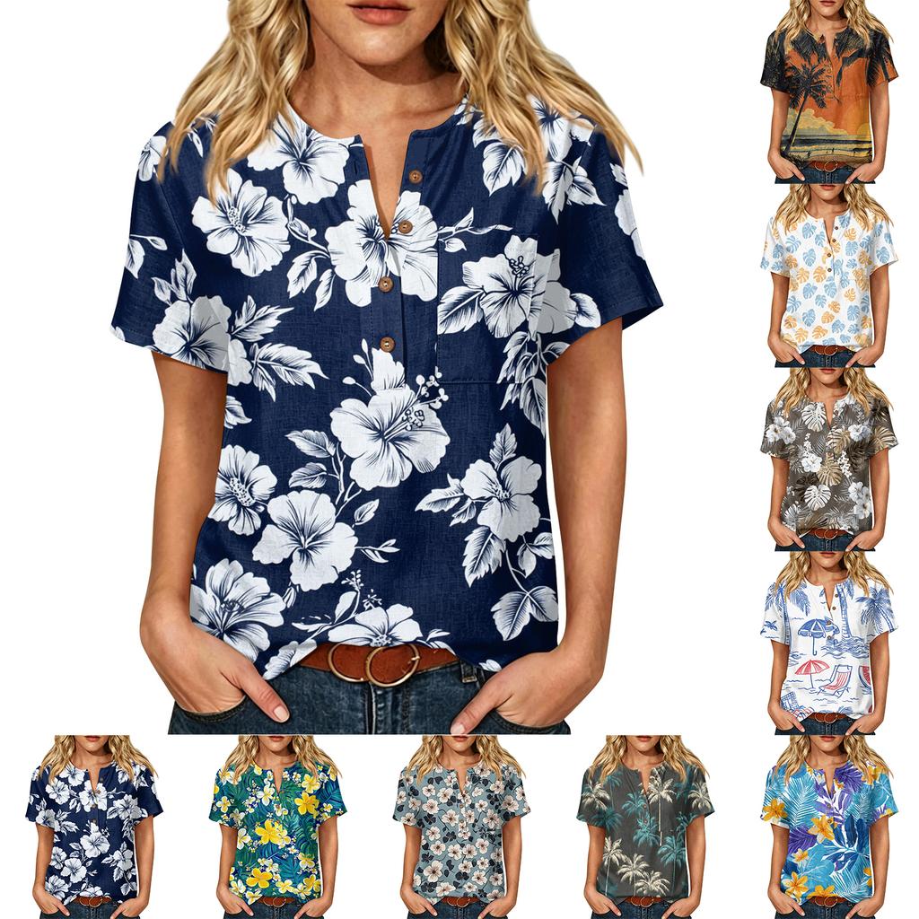 Women's Floral Print Short Sleeve Shirt Henley Button Neck Chest Pocket Casual Linen Cotton Blended Top for Summer