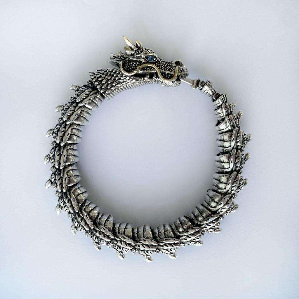 Men's Cross-Border Retro Dragon Bracelet: Punk Style Thai Silver with Sapphire Accents