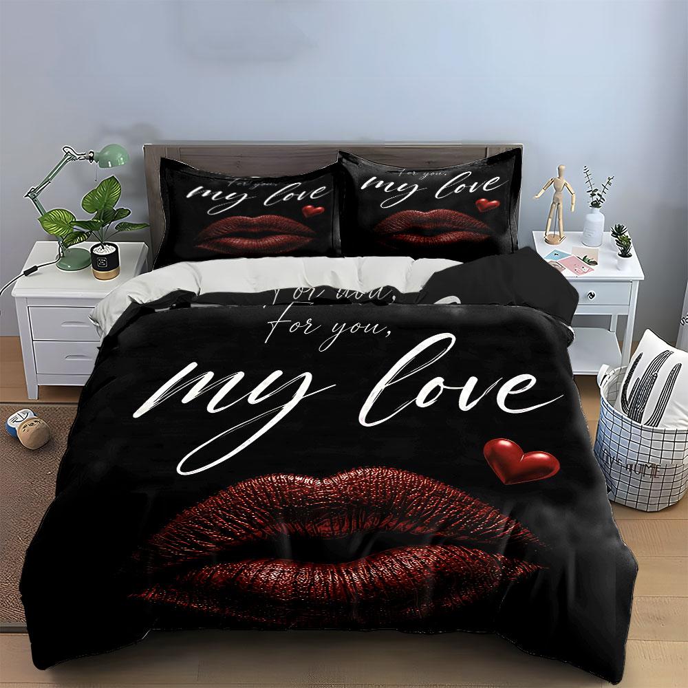 Elegant Red Lips Love Design Bedding Duvet Cover Set Duvet Cover Pillowcases (1*Duvet Cover 2*Pillowcases, without duvet insert)