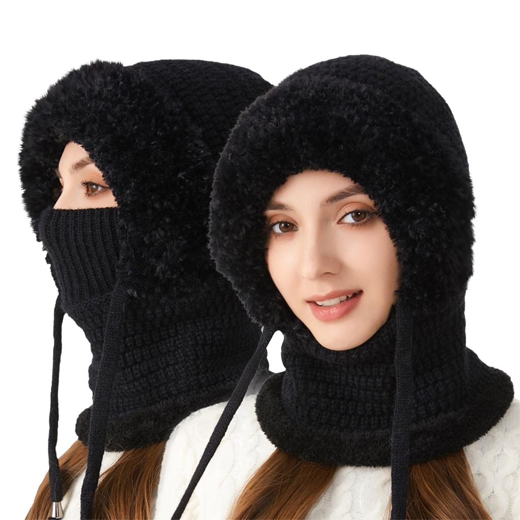 Women's Outdoor Winter Fleece-Lined Thick Knitted Hat, Neck Warmer, Face Covering Mask Warm Set