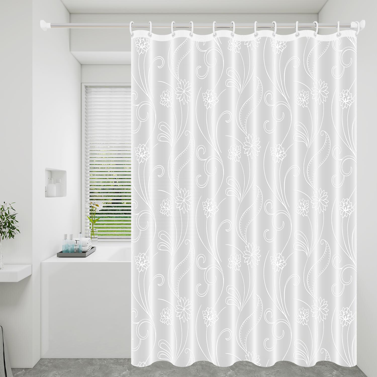 

1Pc White Lotus Floral Shower Curtain With Hooks, Waterproof Peva Design W60H190(CM)-1 Pcs