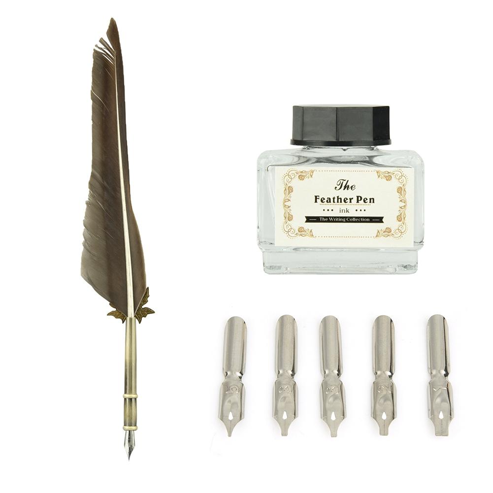European Retro   Quill Alloy Pen Dip Nib Calligraphy Writing Pen Gift Set With Ink Bottle