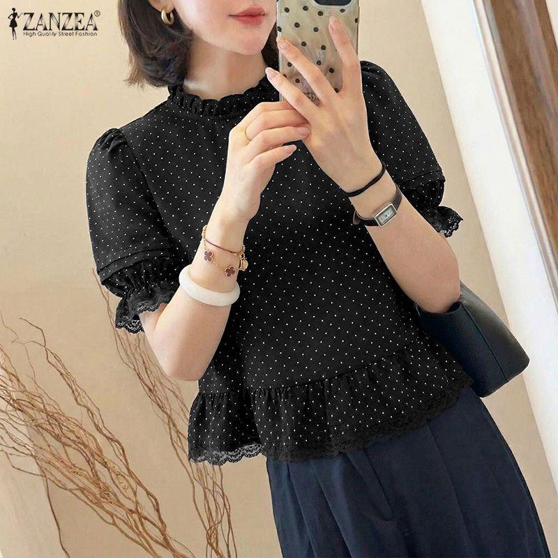 ZANZEA Women Casual Round Neck Polka Dot Print Short Sleeve Blouse