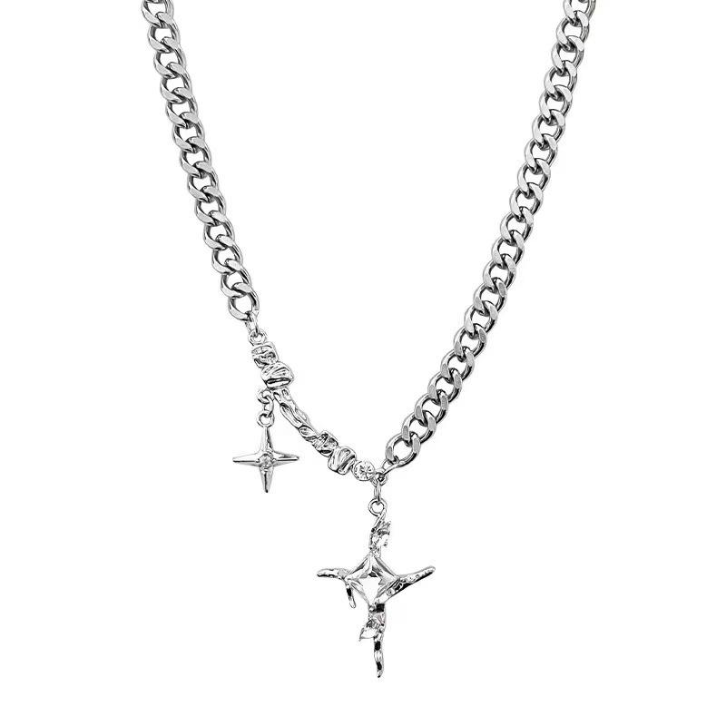 Mangxing Cuban necklace Men s trendy hip-hop collarbone chain Women s high-end cross pendant Medium cold wind jewelry