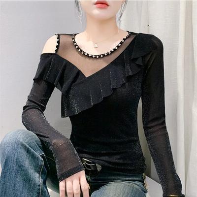 Spring Autumn New Long Sleeved O-neck Sexy Women's Beading Black T-Shirt Elegant Slim Hollow Out Ruffes Tops Tees