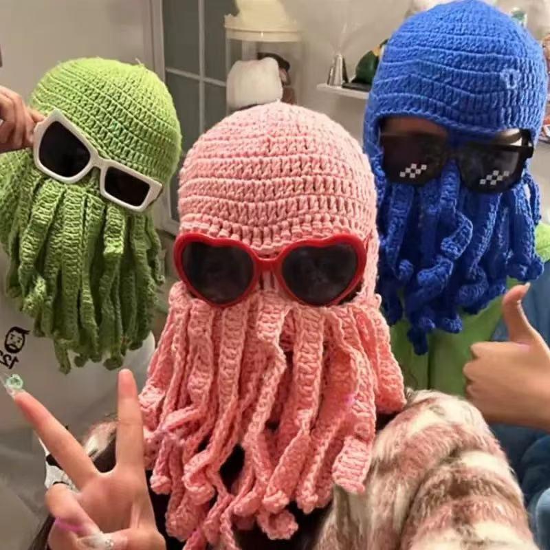 New Cartoon Cute Funny Wool Knitted Octopus Hat Hand Crocheted Warm Wool Headgear.