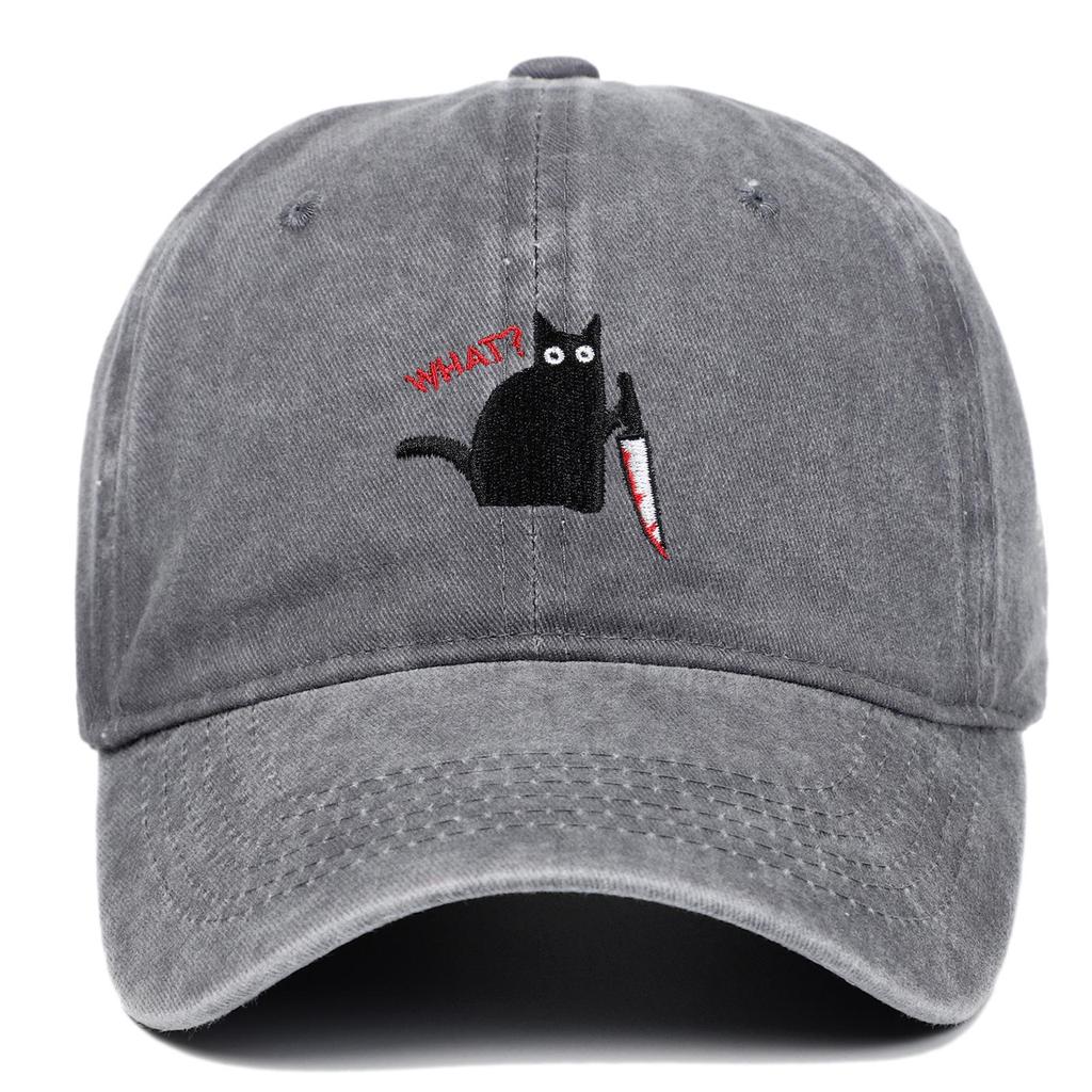 Unisex Black Cat Embroidered Washed Baseball Cap - Outdoor Summer Sun Hat, Hip Hop Style