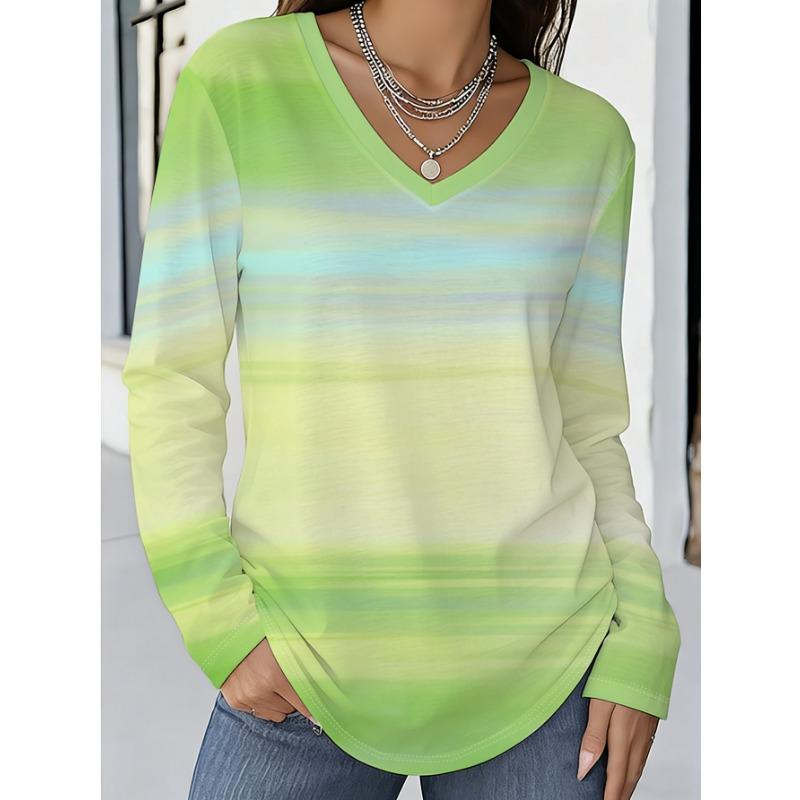 V-neck long-sleeved T-shirt with gradient cloud texture all-over print design, loose and casual spring and autumn comfortable and breathable top