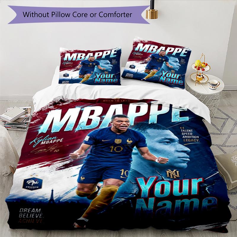 3pcs Custom Name MBAPPE Football Legend Printed Bedding Set Duvet Cover Closure Includes 1 Duvet Cover & 2 Pillowcases, Soft and Comfortable for All S