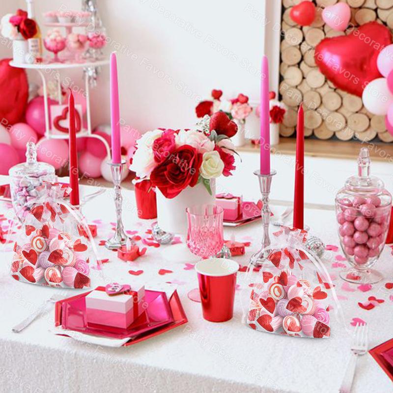 50 Stück Rote Liebesherz Organzabeutel Hochzeit Valentinstag Geschenk Süßigkeiten Kordelzugbeutel Schmuck-Ausstellungstaschen Geburtstagsparty Dekoration