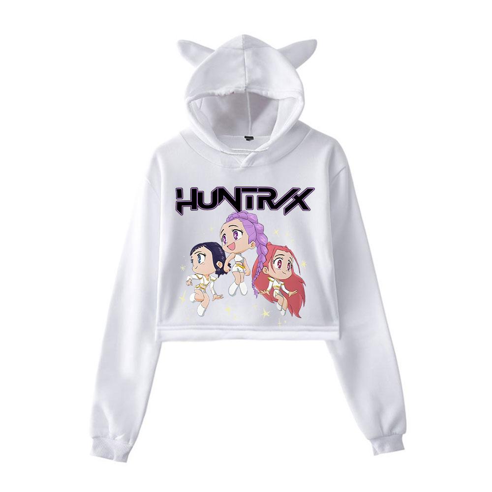 KPop Demon Hunters Tegneserieprintet Hettegenser med Katteører Dame Langermet Cropped Sweatshirts Kvinnelig Casual Streetwear Cropped Topper