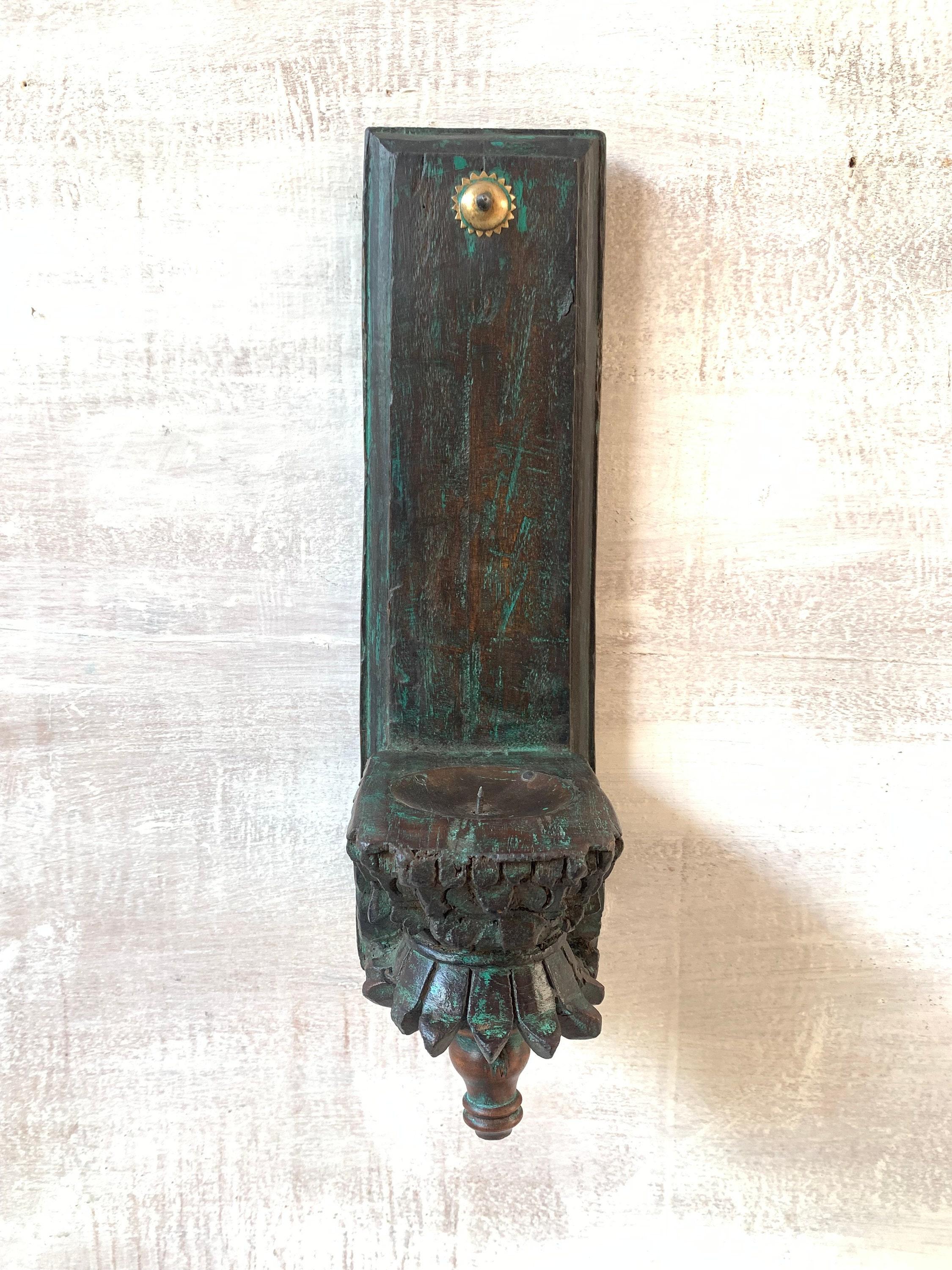 Antique Hand Carved Wooden Candle Holder: Rustic Indian Wall Decor 16” X 8” X 24” (l x w x h) разноцветный