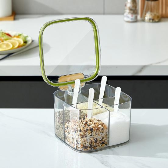 4-Fächer-Gewürzbox mit Schnappdeckel Löffel Transparenter Gewürzbehälter Stapelbarer Kunststoff Küchenorganizer für Salz Zucker Gewürze