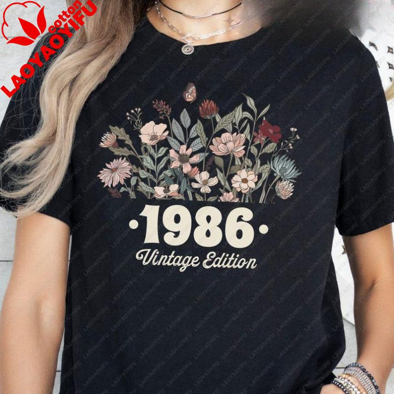 40th Birthday Shirt Flower 1986 Birth Year Number For Wounisex Graphic Tshirt Turning 40 Plus Gift Crewneck Shortsleev Tops