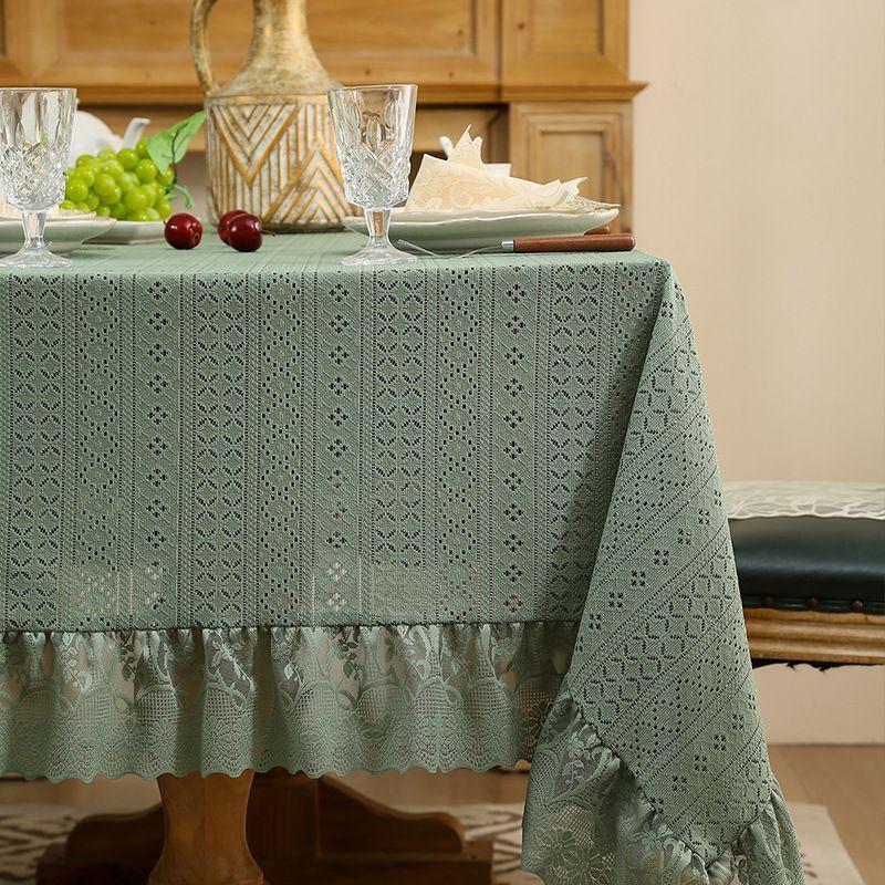 Vintage Coffee Table with Green Hollow Lotus Leaf Edge Lace Tablecloth and Rectangular Dining Table Cloth