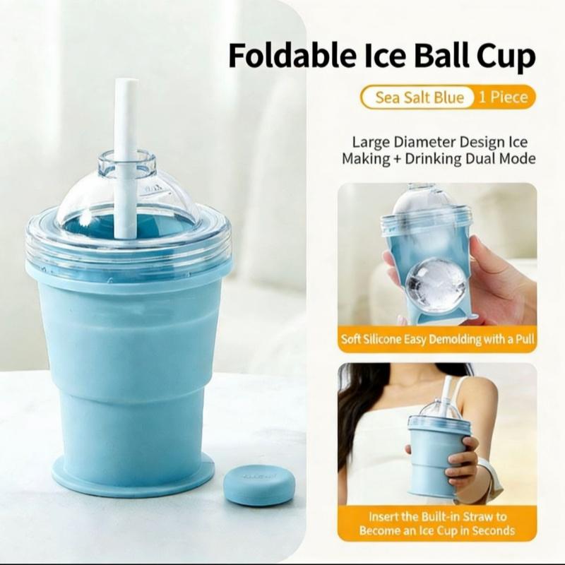 New Portable Foldable Ice Ball Cup with Built-in Straw, Food-Grade Silicone Ice Maker Mold, Summer Outdoor Travel Tumbler
