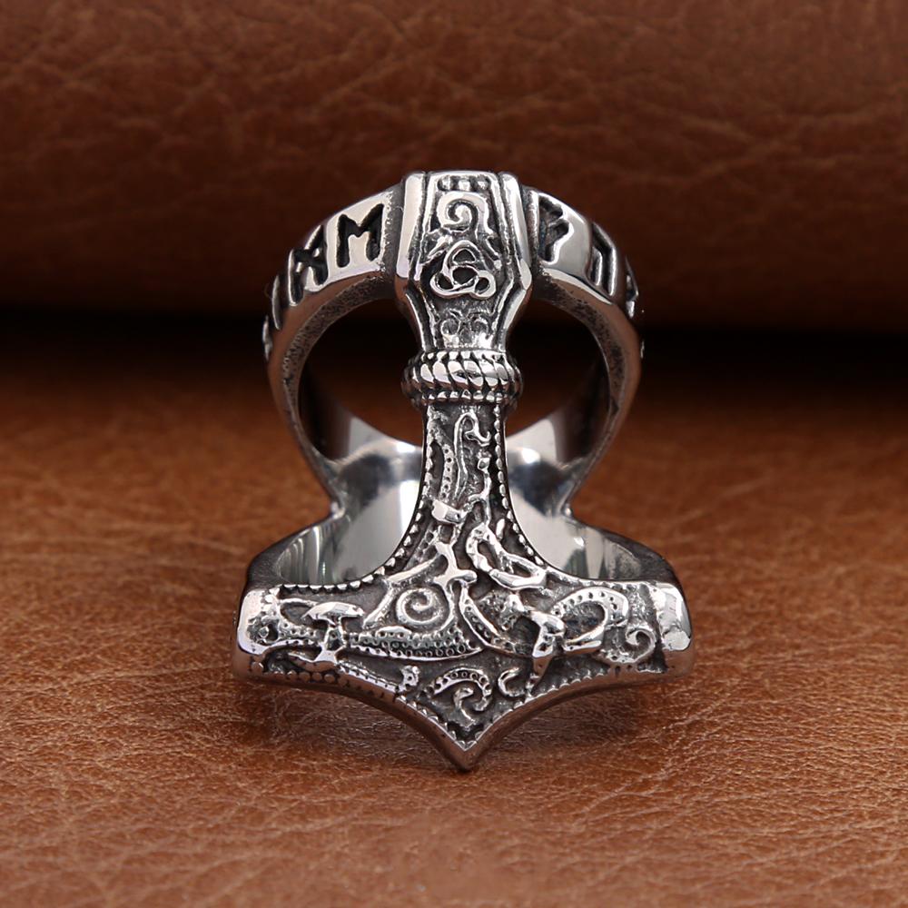 Classic Vintage Viking Thors Hammer Ring For Men Stainless Steel Nordic Odin Rune Rings Fashion Amulet Jewelry Gift