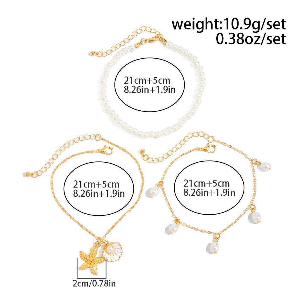 IngeSight.Z 3Pcs/Set Boho Bohemia Sea Starfish Conch Pendant Foot Chain Trend Imitation Pearl Beaded Anklet Summer Beach Jewelry