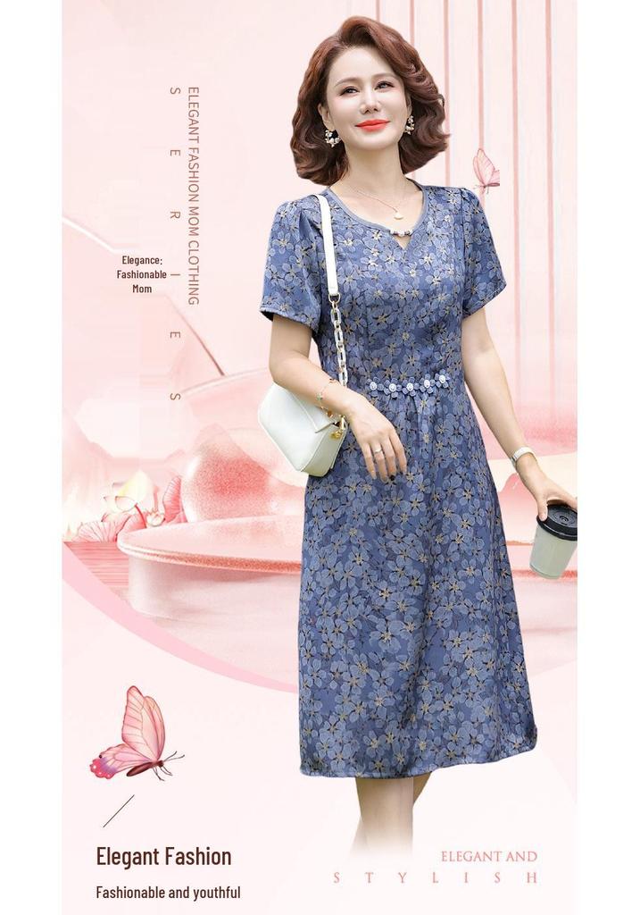 Blue Floral Print Slimming Dress for Middle-Aged and Elderly Women - Summer 2026 Fashion