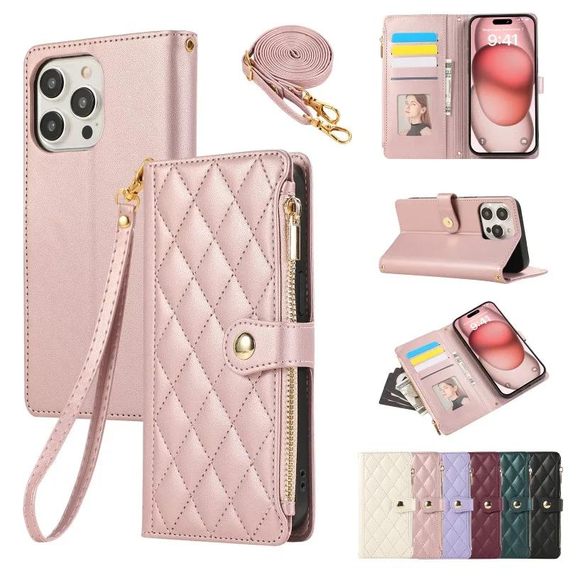 Crossbody Wrist Strap Leather Phone Case for IPhone 16E 17 Ari 16 15 14 13 12 11 Pro Max XS 8 Plus Wallet with Card Holder Cover