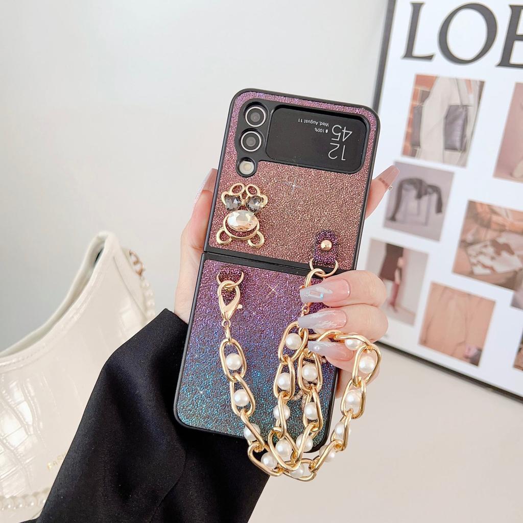 Colorful Diamond Bear Pearl Bracelet Folding Screen Protective Cover for Samsung Galaxy Flip 3/4.
