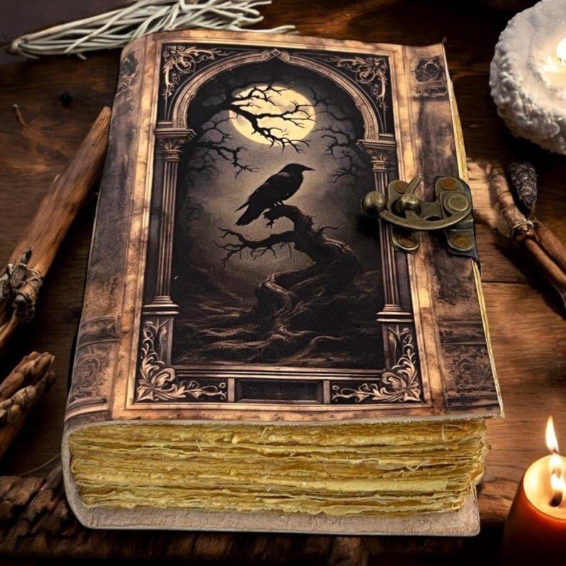 Leather Journal Gothic Notebook The Raven Grimoire Print - Vintage Handamde Journal Book of Shadows Witchcrafts Journal Gifts for Men