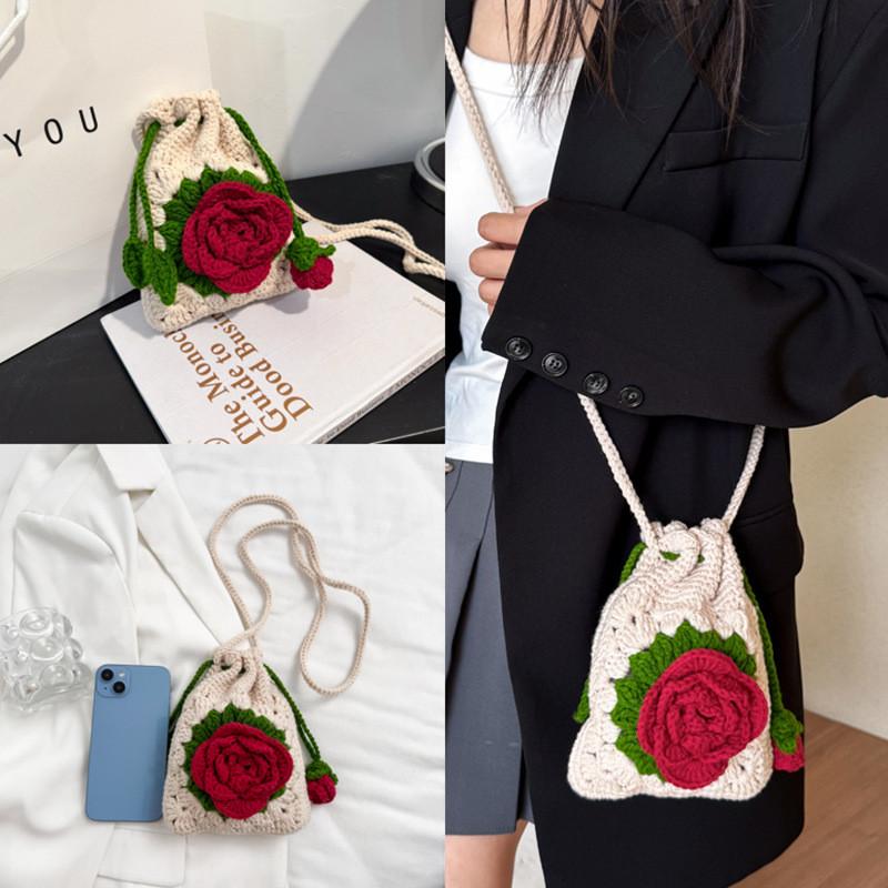 Korean Style Drawstring Shoulder Bag With Handwoven Yarn And Rose Embellishments For Daily Use