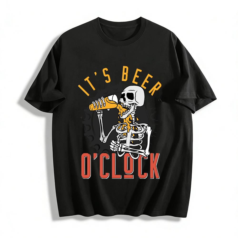 

Funny Skeleton Drinking Beer Print T-shirt It s Beer O clock Casual Top Pure cotton T-shirt XXS