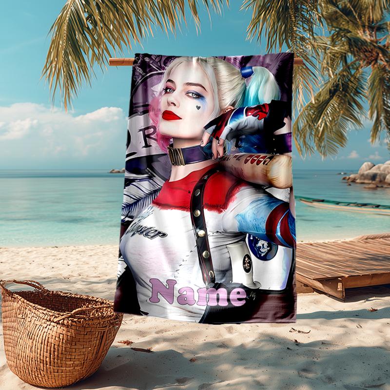Custom Name Ultra-Soft Beach Towel with Harley Quinn Theme,Ideal for Pool - Camping, Diving - Perfect Travel Essential, Vibrant Beach Towel.