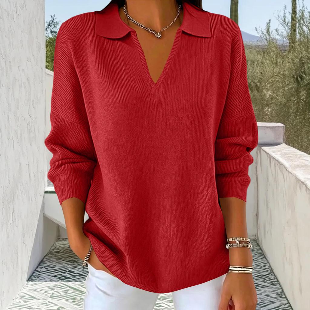 Women's Casual Knit Sweater with Lapel Collar Long Sleeve Color