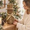 Indoor Christmas Shelf Decorations Faux Rattan Snowman Figurine, Rustic Farmhouse Statue with Bow, Reusable Holiday for Indoors Hand-Woven Wicker